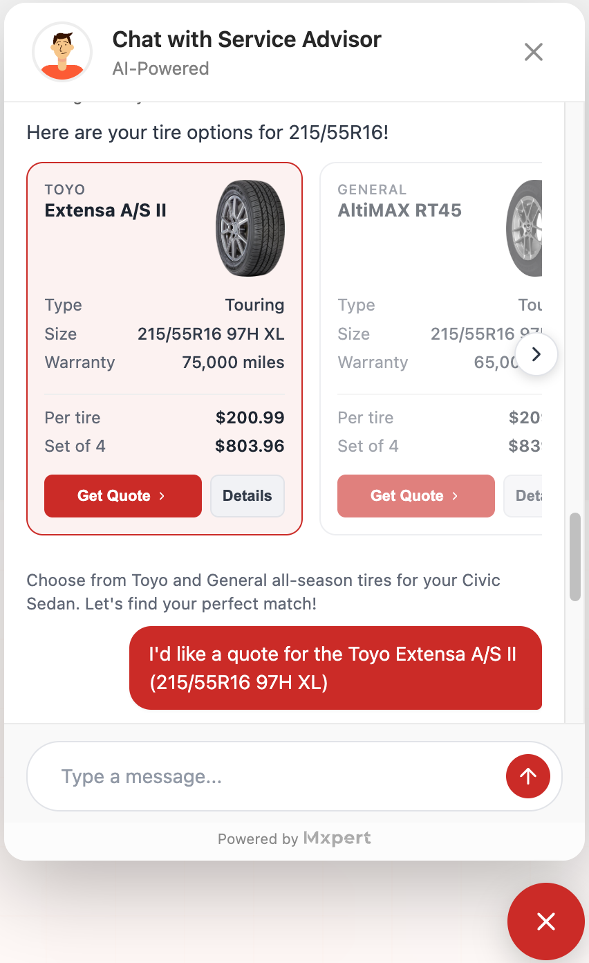 AI Chat Widget engaging a website visitor with tire options and pricing